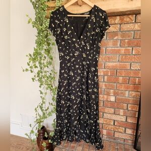 Aqua Black Midi Dress with Yellow Floral Pattern